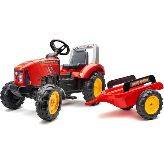 Tracteur a pédales Supercharger - FALK - Volant directionnel et remorque - Fabriqué en France - 60% de plastique recyclé - Des 3 ans