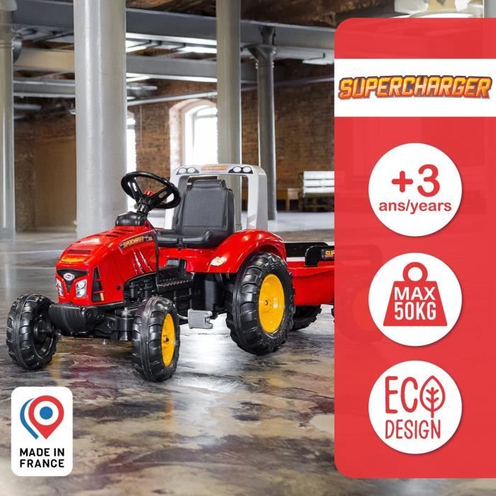 Tracteur a pédales Supercharger - FALK - Volant directionnel et remorque - Fabriqué en France - 60% de plastique recyclé - Des 3 ans