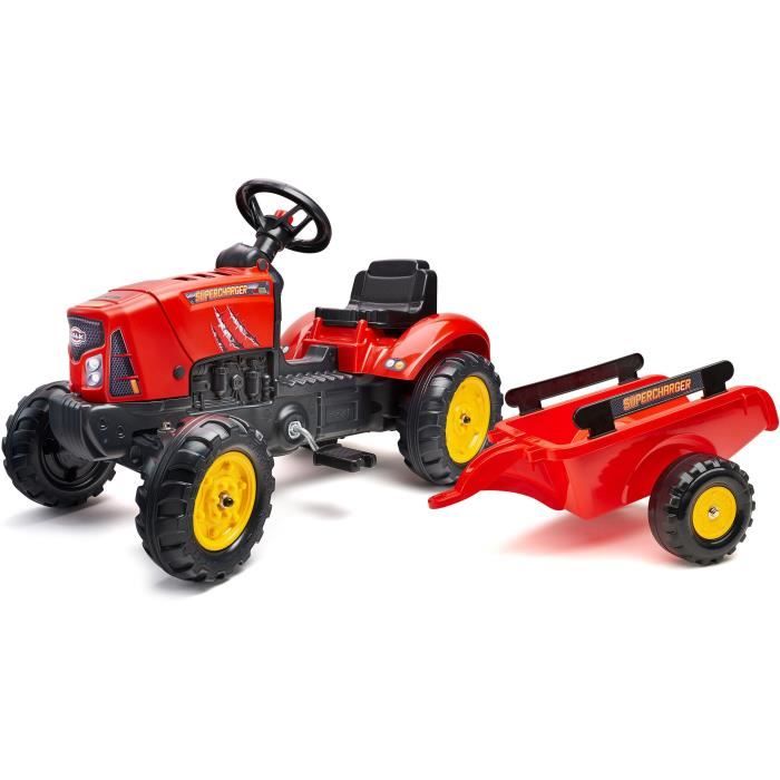 Tracteur a pédales SuperCharger - FALK - Volant directionnel et remorque - Fabriqué en France - 50% de plastique recyclé - Des 2 ans