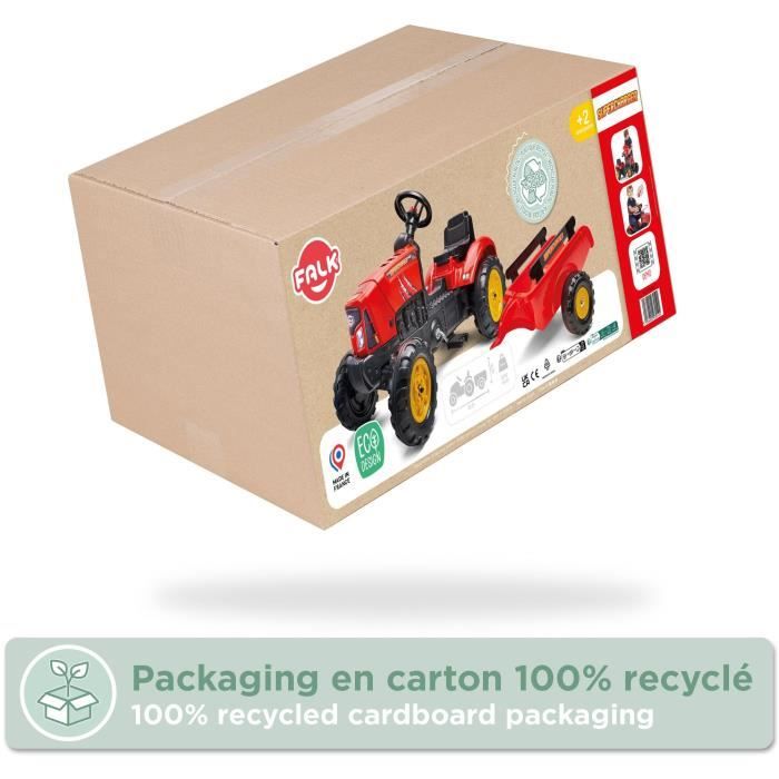 Tracteur a pédales SuperCharger - FALK - Volant directionnel et remorque - Fabriqué en France - 50% de plastique recyclé - Des 2 ans