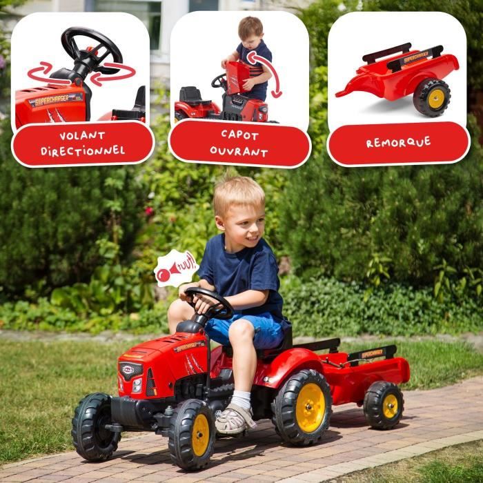 Tracteur a pédales SuperCharger - FALK - Volant directionnel et remorque - Fabriqué en France - 50% de plastique recyclé - Des 2 ans
