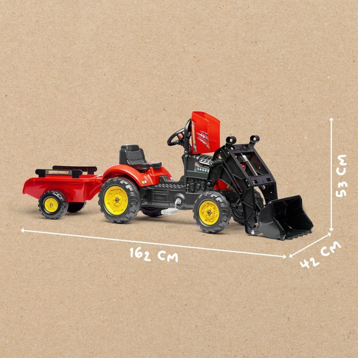 Tracteur a pédales Supercharger rouge avec pelle frontale articulée et remorque - FALK