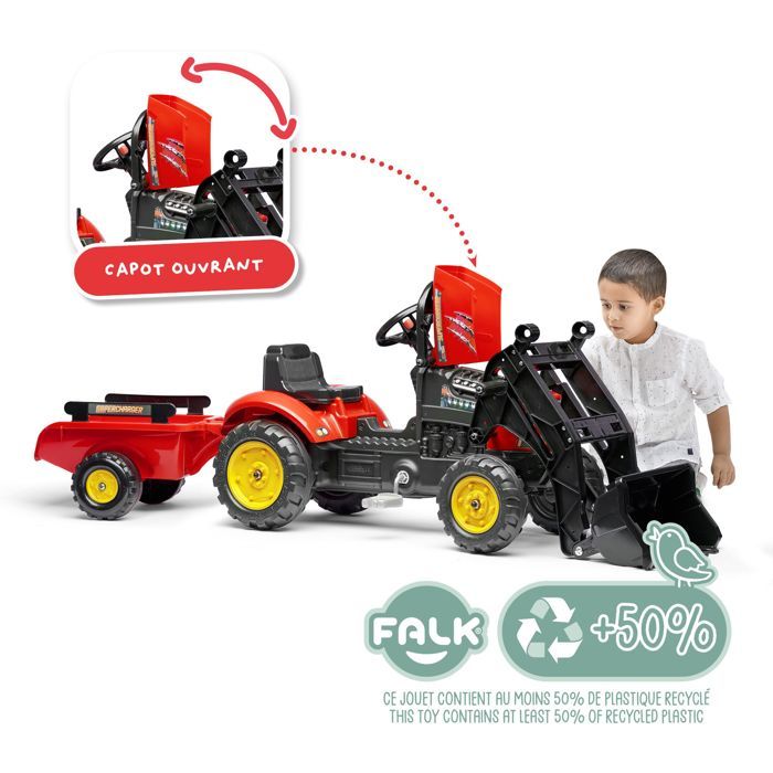 Tracteur a pédales Supercharger rouge avec pelle frontale articulée et remorque - FALK
