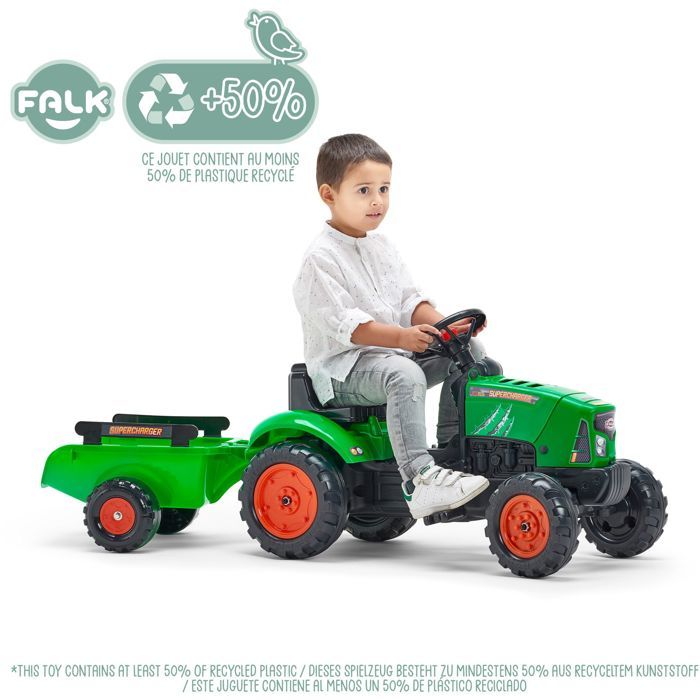 Tracteur a pédales Supercharger rouge FALK avec capot ouvrant et remorque