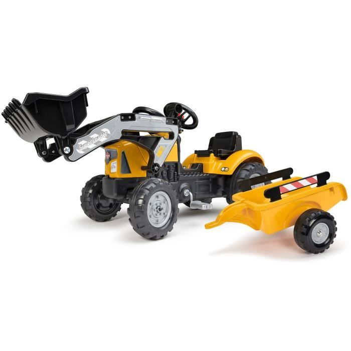 Tractopelle a pédales SuperBuilder - FALK - Volant directionnel, Remorque - Fabriqué en France, 40% de plastique recyclé - Des 2 ans