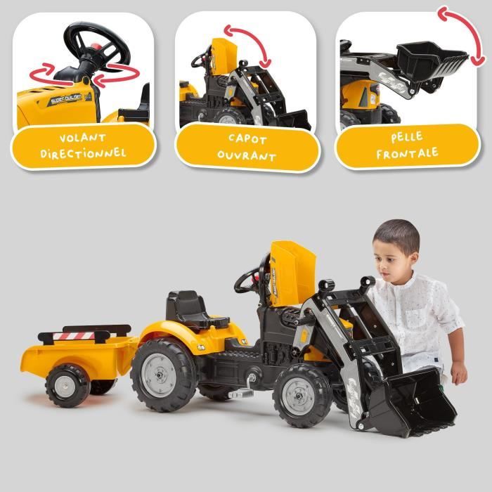 Tractopelle a pédales SuperBuilder - FALK - Volant directionnel, Remorque - Fabriqué en France, 40% de plastique recyclé - Des 2 ans