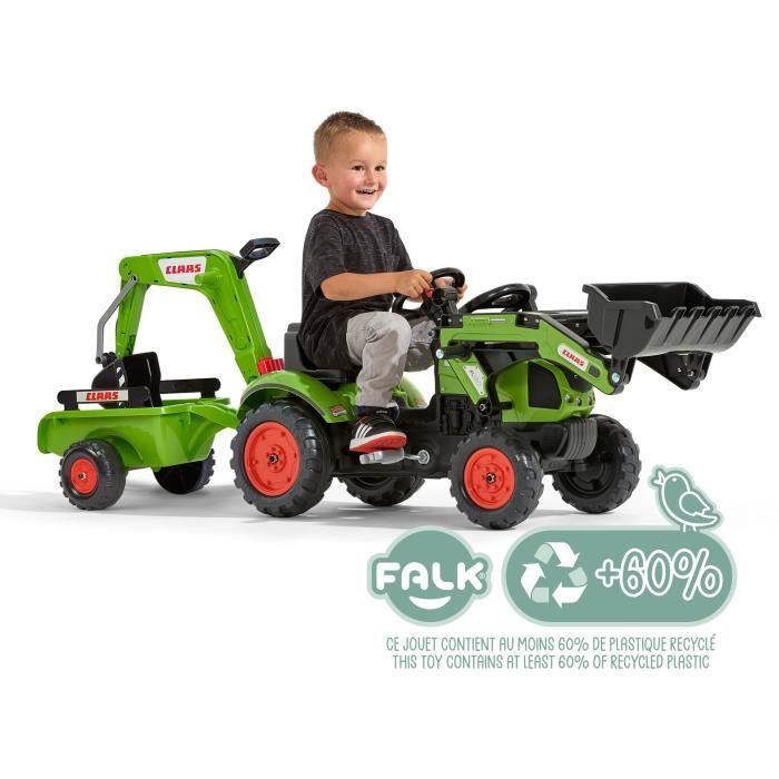 Tractopelle Claas - FALK - Volant directionnel, Excavatrice et Remorque - Fabriqué en France - 60% de plastique recyclé - Des 2 ans