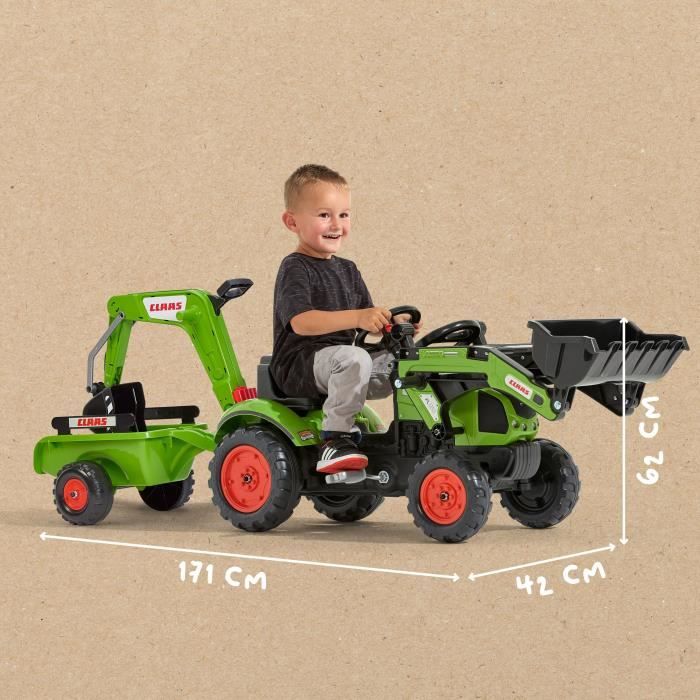 Tractopelle Claas - FALK - Volant directionnel, Excavatrice et Remorque - Fabriqué en France - 60% de plastique recyclé - Des 2 ans
