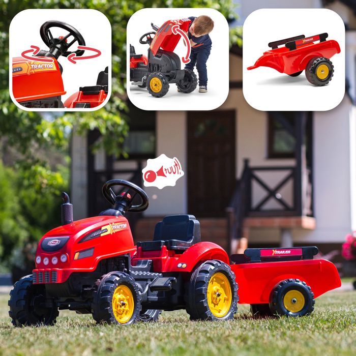 Tracteur - FALK - X-Tractor - Des 2 ans - 100% Fabriqué en France - 50% de plastique recyclé - Capot ouvrant, cheminée et remorque