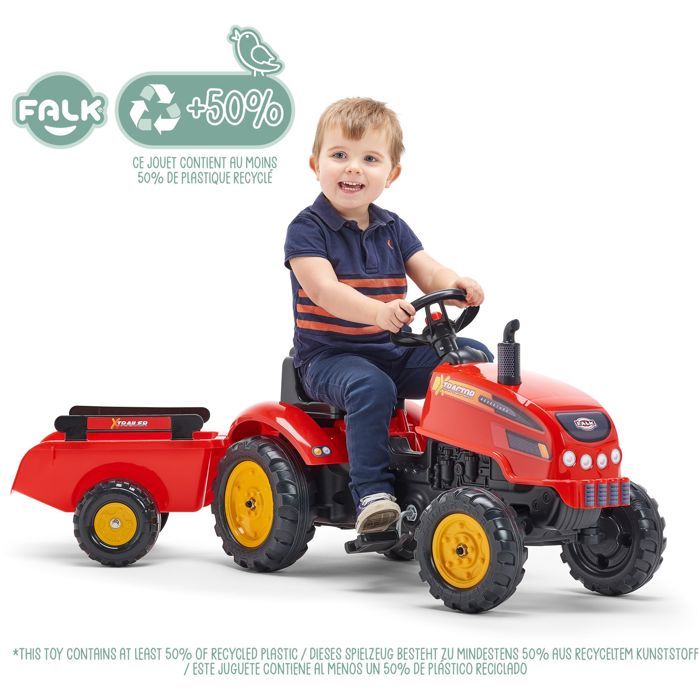 Tracteur - FALK - X-Tractor - Des 2 ans - 100% Fabriqué en France - 50% de plastique recyclé - Capot ouvrant, cheminée et remorque