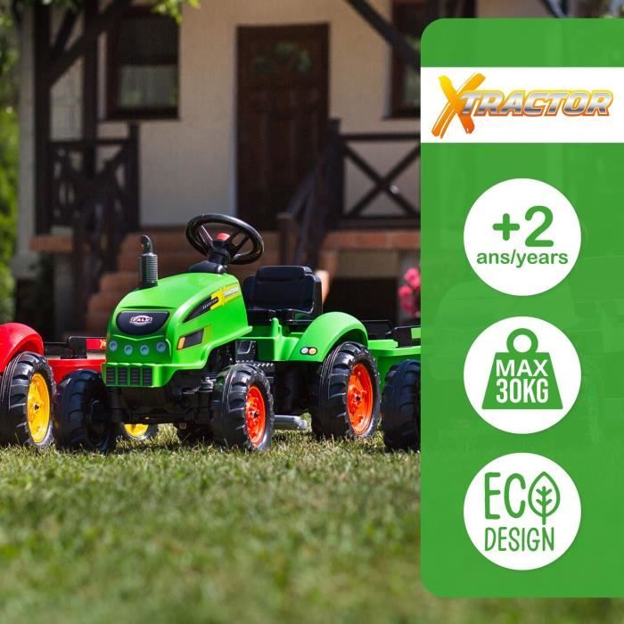 Tracteur a pédales X-Tractor - FALK - Capot ouvrant et Remorque - 100% Fabriqué en France - 50% de plastique recyclé - Des 2 ans