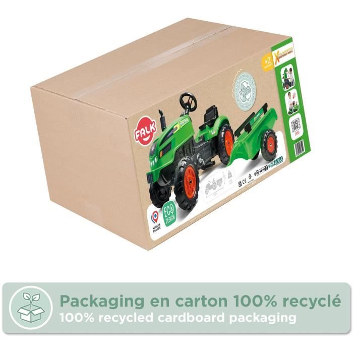 Tracteur a pédales X-Tractor - FALK - Capot ouvrant et Remorque - 100% Fabriqué en France - 50% de plastique recyclé - Des 2 ans