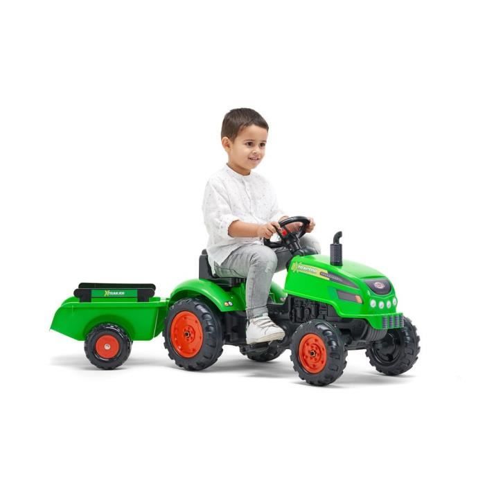 Tracteur a pÈdales X Tractor vert avec capot ouvrant et remorque inclus - FALK - Pour enfants de 2 a 5 ans