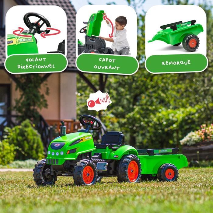 Tracteur a pédales X-Tractor - FALK - Capot ouvrant et Remorque - 100% Fabriqué en France - 50% de plastique recyclé - Des 2 ans