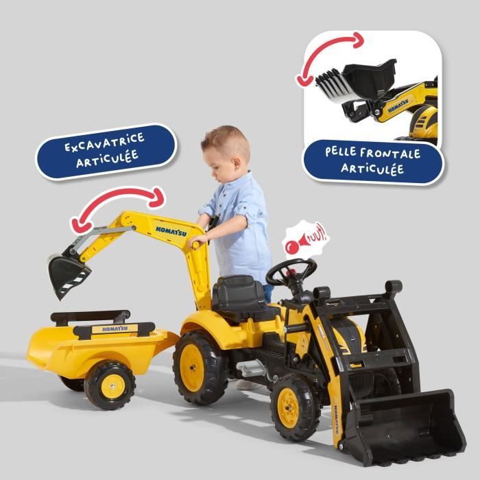 Tractopelle a pédales Komatsu - FALK - Pelle frontale & Excavatrice - 100% Fabriqué en France - 30% de plastique recyclé - Des 2 ans