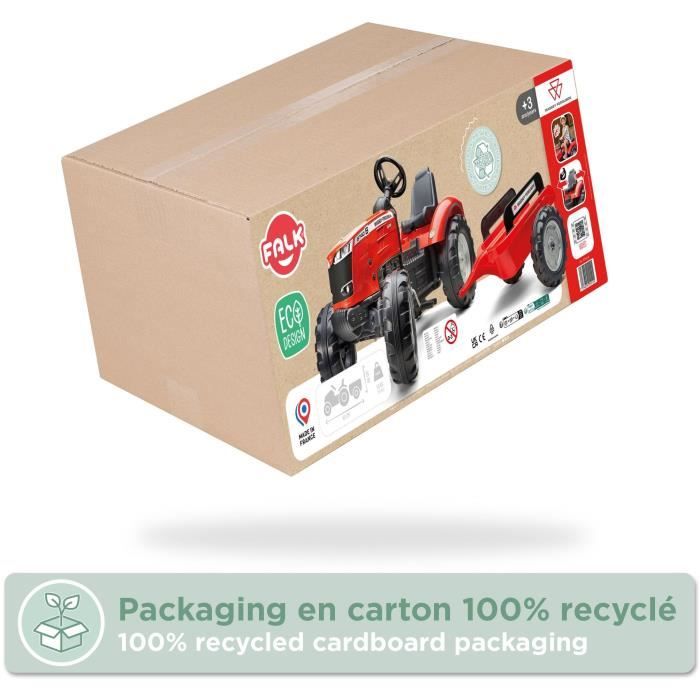 Tracteur a pédales Massey Ferguson - FALK - Volant directionnel, Remorque - Fabriqué en France - 60% de plastique recyclé, Des 3 ans