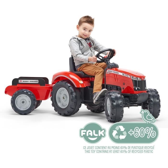 Tracteur a pédales Massey Ferguson - FALK - Volant directionnel, Remorque - Fabriqué en France - 60% de plastique recyclé, Des 3 ans
