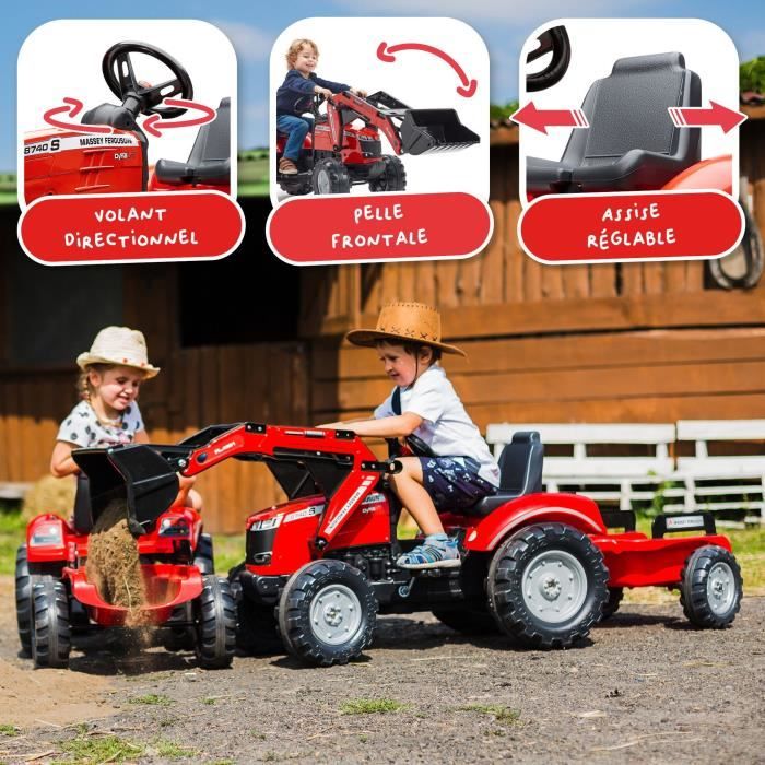 Tractopelle a pédales Massey Ferguson - FALK -Pelle frontale et Remorque - Fabriqué en France - 50% de plastique recyclé - Des 3 ans