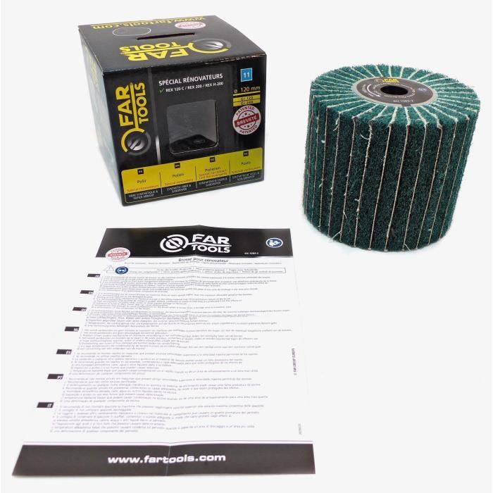 Brosse fibre synthétique et lamelles abrasives - FARTOOLS - Ř120mm/L100mm - Grain A240/A120