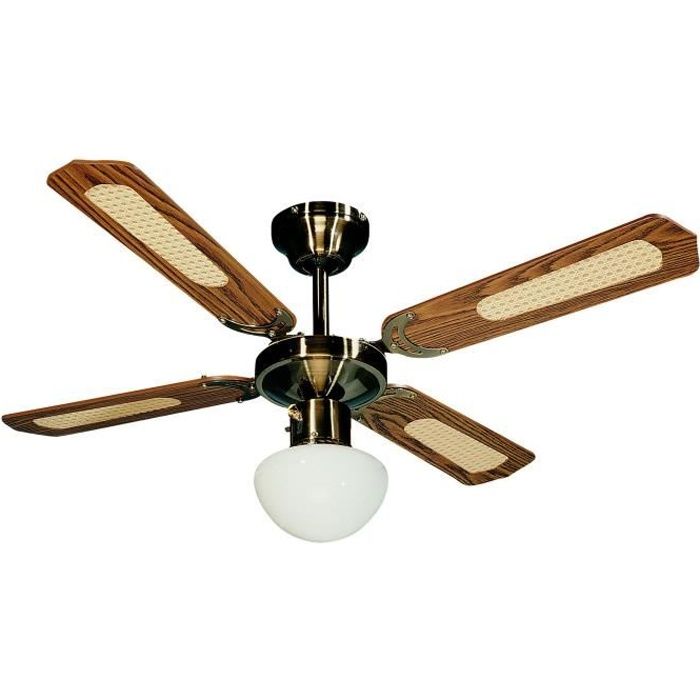 FARELEK - BALI ÿ 107 cm - Ventilateur de plafond rÈversible Laiton Antique, 4 pales noyÈes / cannÈes noyer + Èclairage