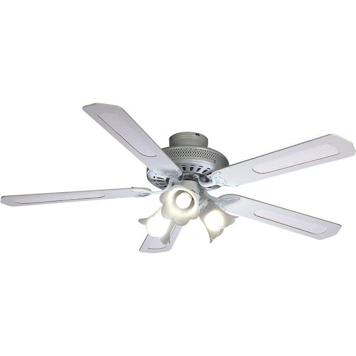 Ventilateur de plafond réversible FARELEK BALEARES - Ř 132 cm, 5 pales blanches / cannées blanches + éclairage