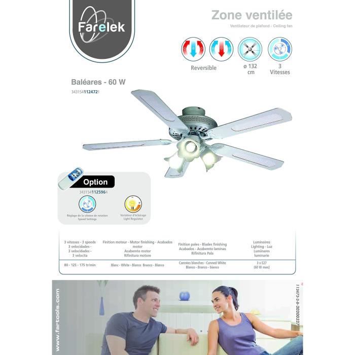 Ventilateur de plafond réversible FARELEK BALEARES - Ř 132 cm, 5 pales blanches / cannées blanches + éclairage