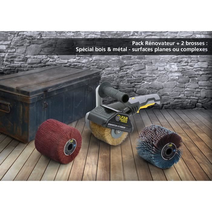 FARTOOLS Rénovateur REX120C + brosse lanieres abrasives et fibre synthétique Pour bois et métal - Surfaces planes ou complexes