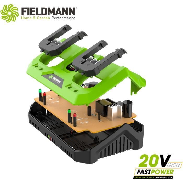 Chargeur double - FIELDMANN - Pour batteries 20V - Charge 2Ah en 60 min - Compatible 2Ah, 4Ah