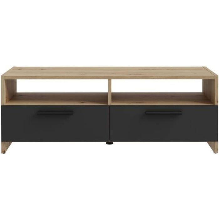 Meuble TV PILVI - Style contemporain - DÈcor Chene et Noir - 2 Abattants + 2 niches - L 95 x P 36 x H 34,5 cm