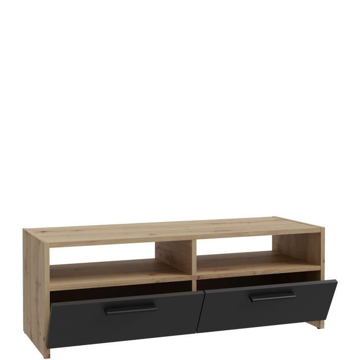 Meuble TV PILVI - Style contemporain - DÈcor Chene et Noir - 2 Abattants + 2 niches - L 95 x P 36 x H 34,5 cm