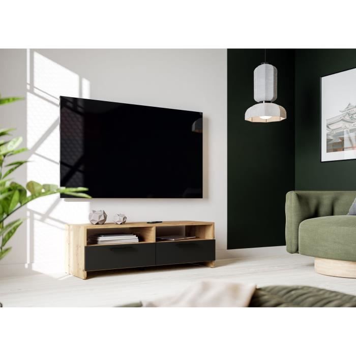 Meuble TV PILVI - Style contemporain - DÈcor Chene et Noir - 2 Abattants + 2 niches - L 95 x P 36 x H 34,5 cm