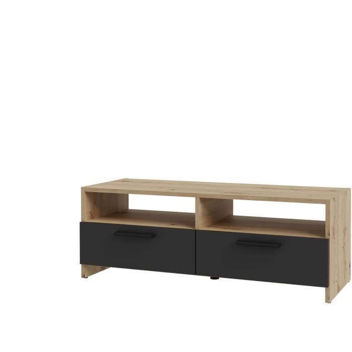Meuble TV PILVI - Style contemporain - DÈcor Chene et Noir - 2 Abattants + 2 niches - L 95 x P 36 x H 34,5 cm