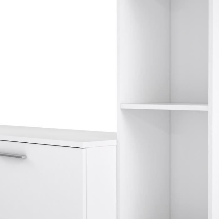 Meuble TV paroi PILVI - Particules mélaminé -Décor blanc mat - porte vitrée + 1 abattant + 5 niches - L220 x P41 x H177,5 cm
