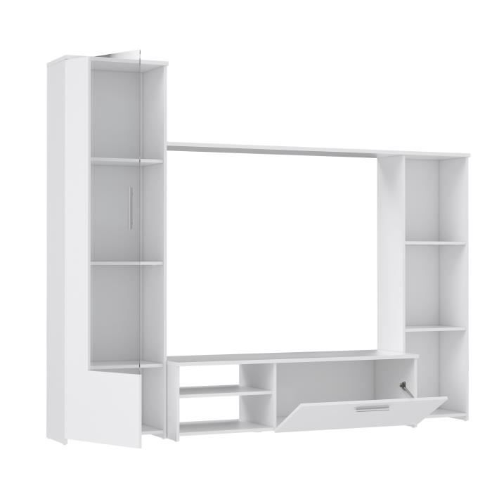 Meuble TV paroi PILVI - Particules mÈlaminÈ -DÈcor blanc mat - porte vitrÈe + 1 abattant + 5 niches - L220 x P41 x H177,5 cm