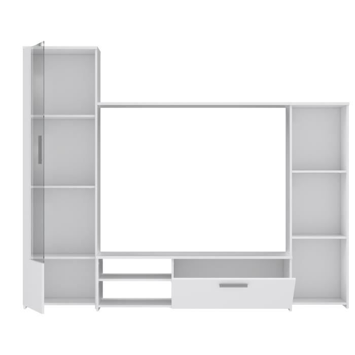 Meuble TV paroi PILVI - Particules mÈlaminÈ -DÈcor blanc mat - porte vitrÈe + 1 abattant + 5 niches - L220 x P41 x H177,5 cm