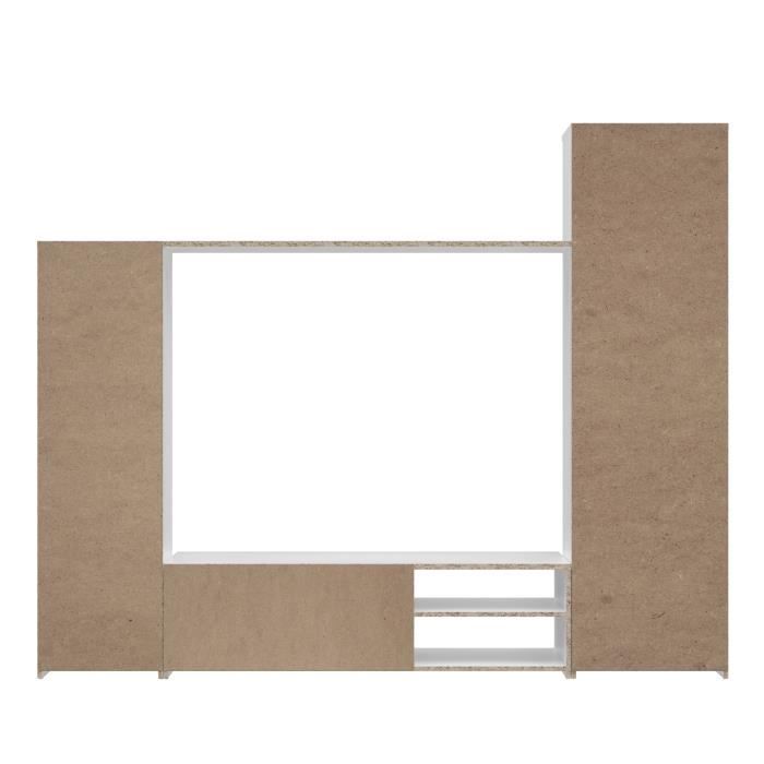 Meuble TV paroi PILVI - Particules mÈlaminÈ -DÈcor blanc mat - porte vitrÈe + 1 abattant + 5 niches - L220 x P41 x H177,5 cm