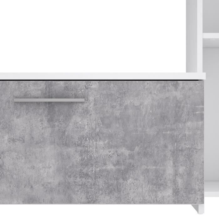 Meuble TV paroi murale - Blanc mat et bÈton clair - porte vitrÈe + 5 niches - Contemporain - L 220,4 x P41,3 x H177,5 cm - PILVI