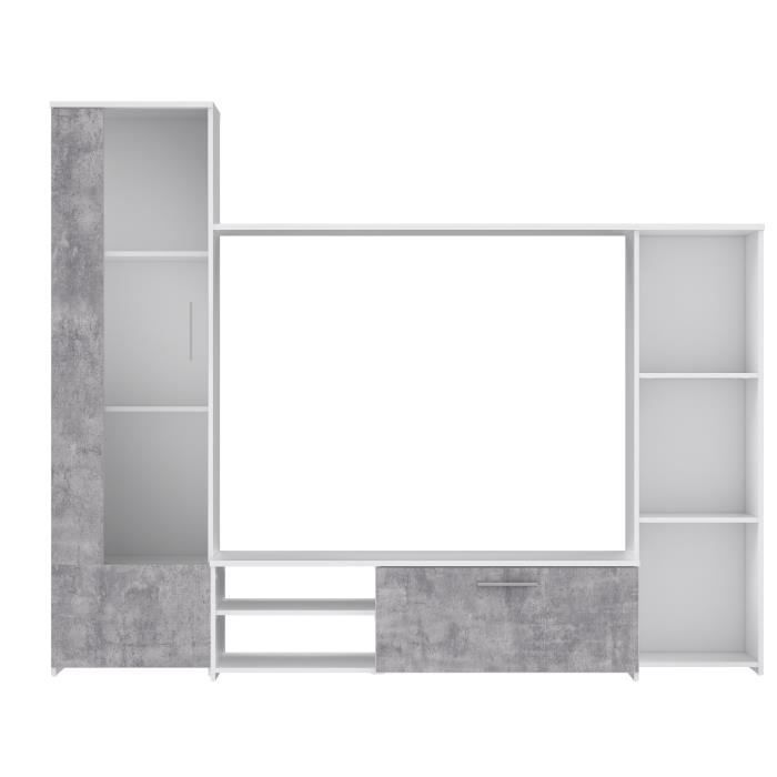 Meuble TV paroi murale - Blanc mat et bÈton clair - porte vitrÈe + 5 niches - Contemporain - L 220,4 x P41,3 x H177,5 cm - PILVI