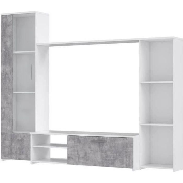 Meuble TV paroi murale - Blanc mat et bÈton clair - porte vitrÈe + 5 niches - Contemporain - L 220,4 x P41,3 x H177,5 cm - PILVI