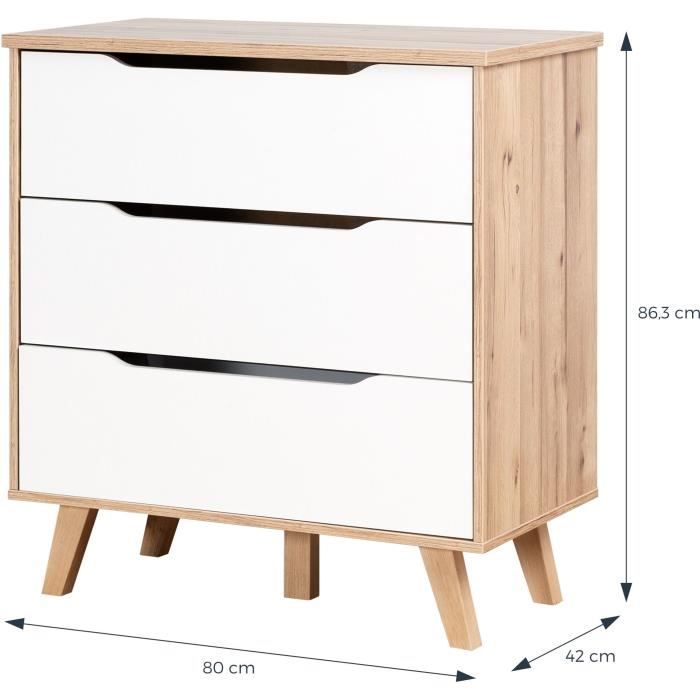 Commode VANKKA 3 Tiroirs - Décor chene et blanc - Scandinave - L 80 x P42 x H86,3cm