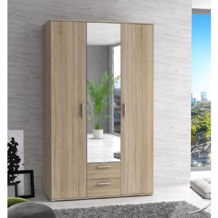 Armoire 3 portes + miroir + 2 tiroirs - Décor chene - L121 x P54 x H200cm - SELKEÄ