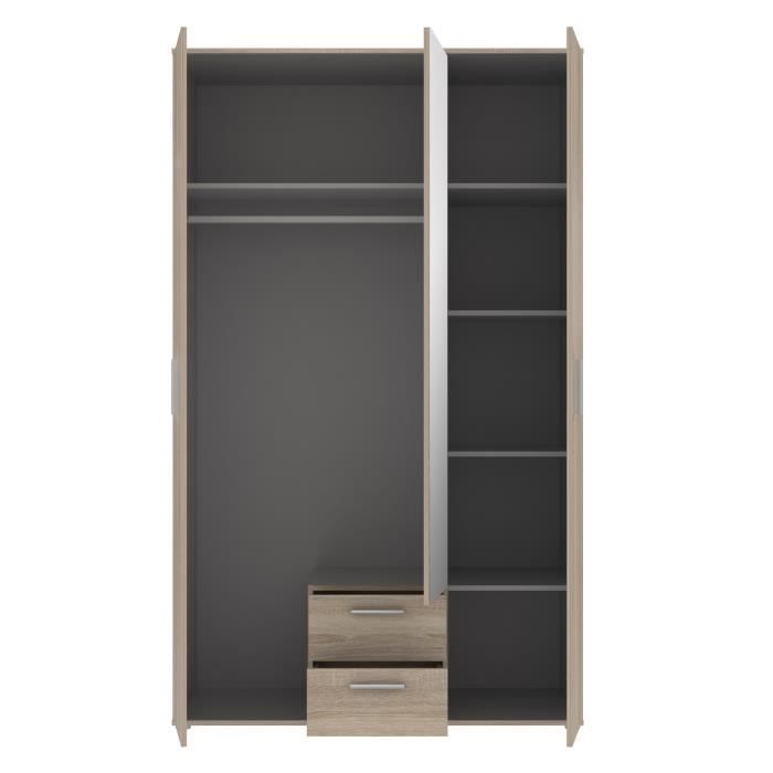 Armoire 3 portes + miroir + 2 tiroirs - Décor chene - L121 x P54 x H200cm - SELKEÄ