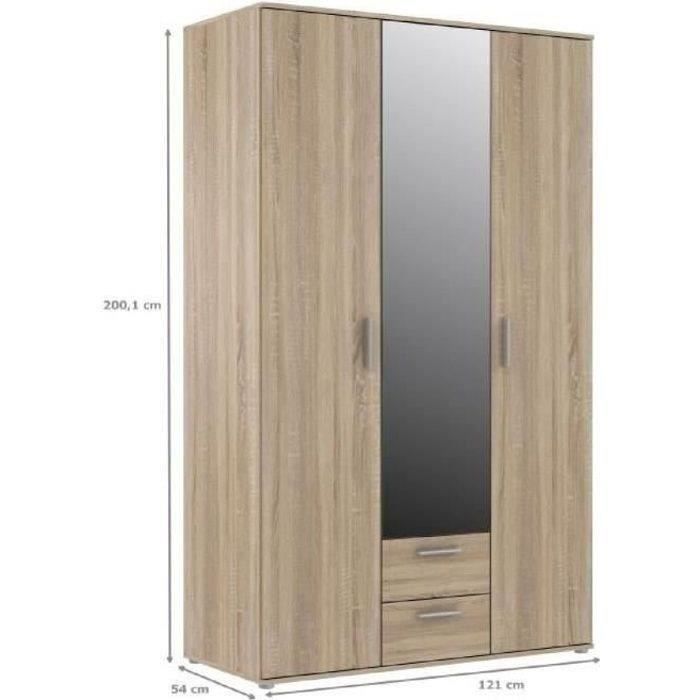 Armoire 3 portes + miroir + 2 tiroirs - Décor chene - L121 x P54 x H200cm - SELKEÄ
