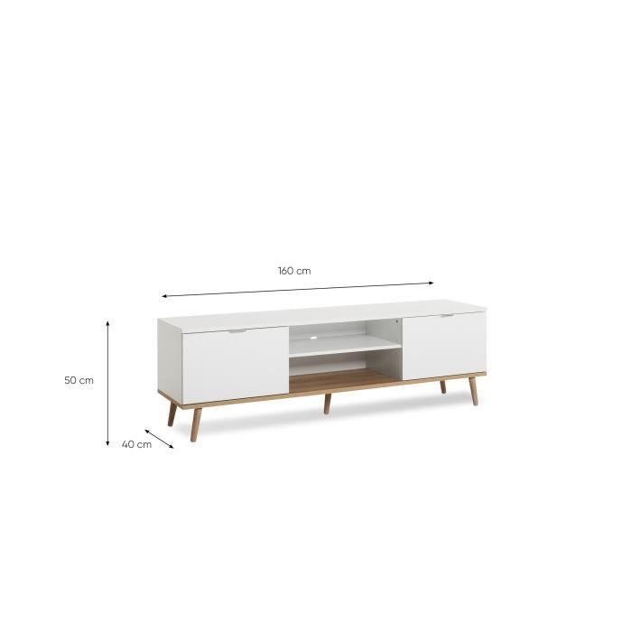Meuble TV scandinave GÖTEBORG - Blanc - 2 Portes - L 160 x P 40 x H 50 cm