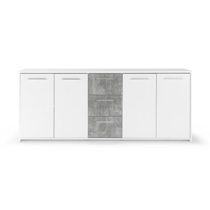 Buffet bas - Panneaux de particules - Blanc et décor gris béton - 4 portes + 3 tiroirs - L 179 x P 42 x H 74,5 cm