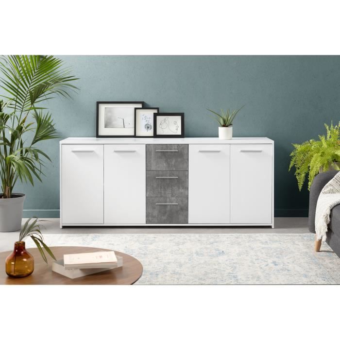 Buffet bas - Panneaux de particules - Blanc et dÈcor gris bÈton - 4 portes + 3 tiroirs - L 179 x P 42 x H 74,5 cm