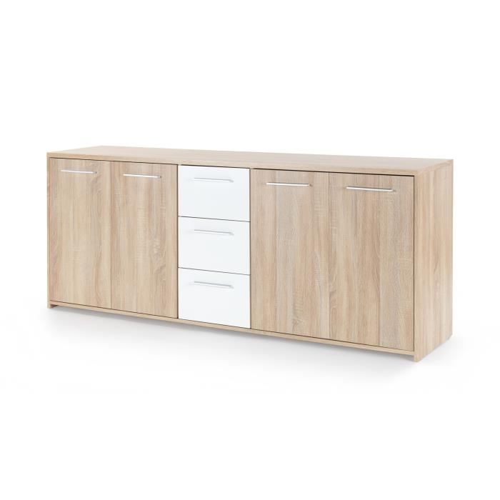 Buffet bas PILVI - 4 portes et 3 tiroirs - Blanc mat et chene sonoma - Contemporain - L 179,2 x P 42 x H 74,5 cm
