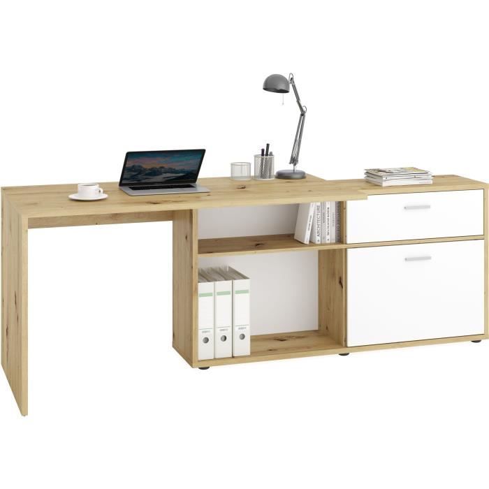 Bureau d'angle avec rangements Diego - Mélaminé chene/blanc brillant - L138 x H75 x P138 cm
