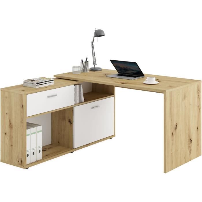 Bureau d'angle avec rangements Diego - Mélaminé chene/blanc brillant - L138 x H75 x P138 cm