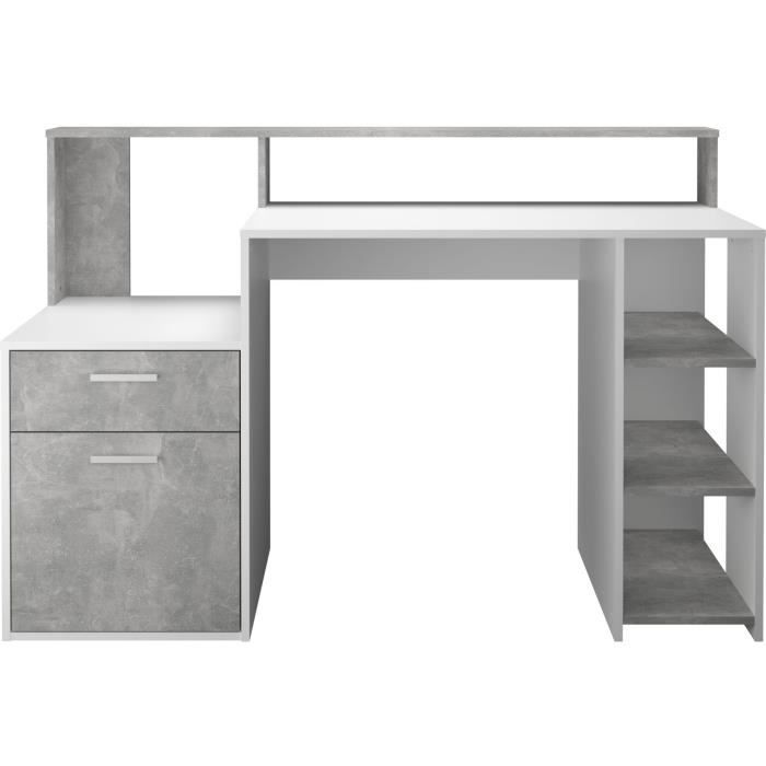 Bureau avec réhausse et rangements BOLTON - Mélamine blanc/gris béton - L138,5 x H91,6 x P53,5 cm
